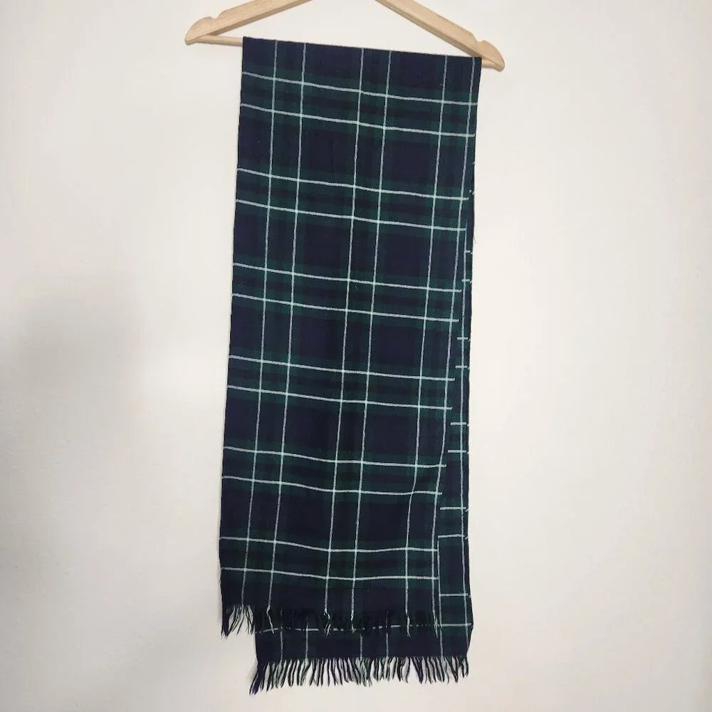 Tartan Plaid Green Black White Tasseled 100% Wool Scarf